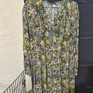 Floral V-Neck Long Sleeve Midi Dress - Olive Green